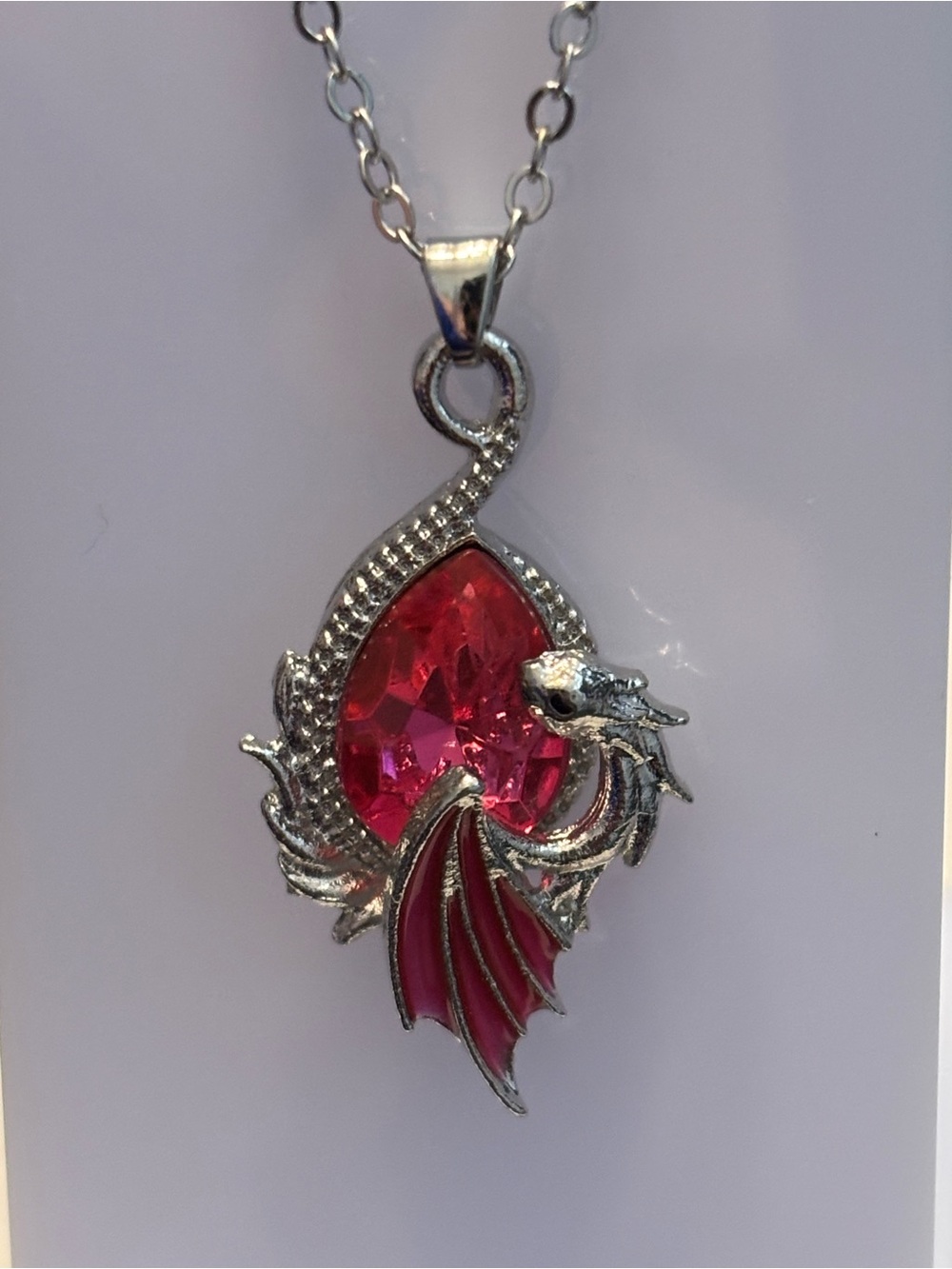Silver Tone Dragon Pendant Necklace, Pink Teardrop Stone, Enamel Wing, Cable Cha